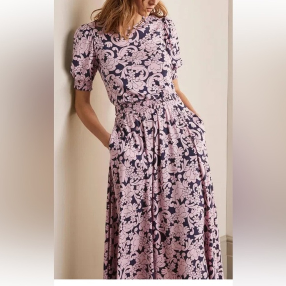 Boden Sophia Smocked Midi Dress Women's Size 12 Floral Short Sleeve